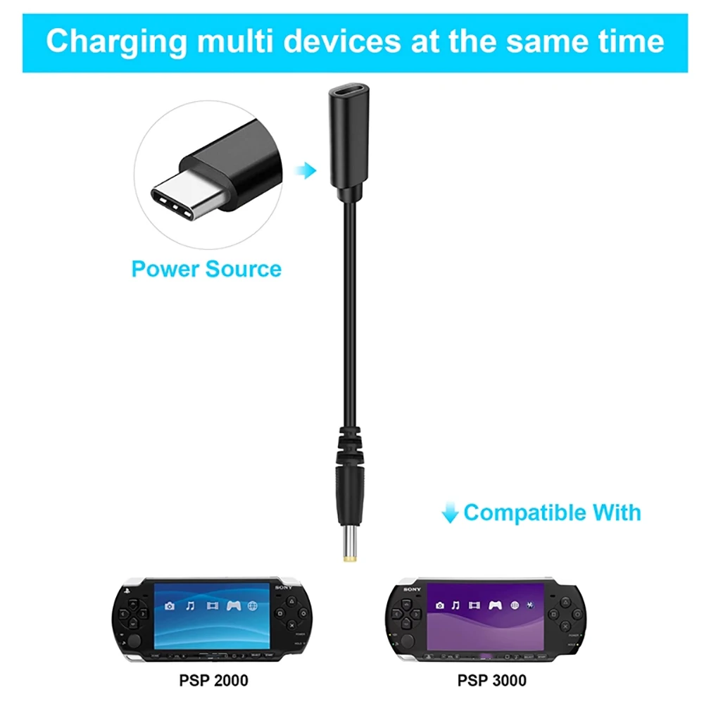 ل PSP USB C نوع-C مهايئ شاحن محول نوع C إلى ل PSP1000/2000/3000 لعبة تيار مستمر جاك التوصيل إلى USB-C كابل محول الشحن