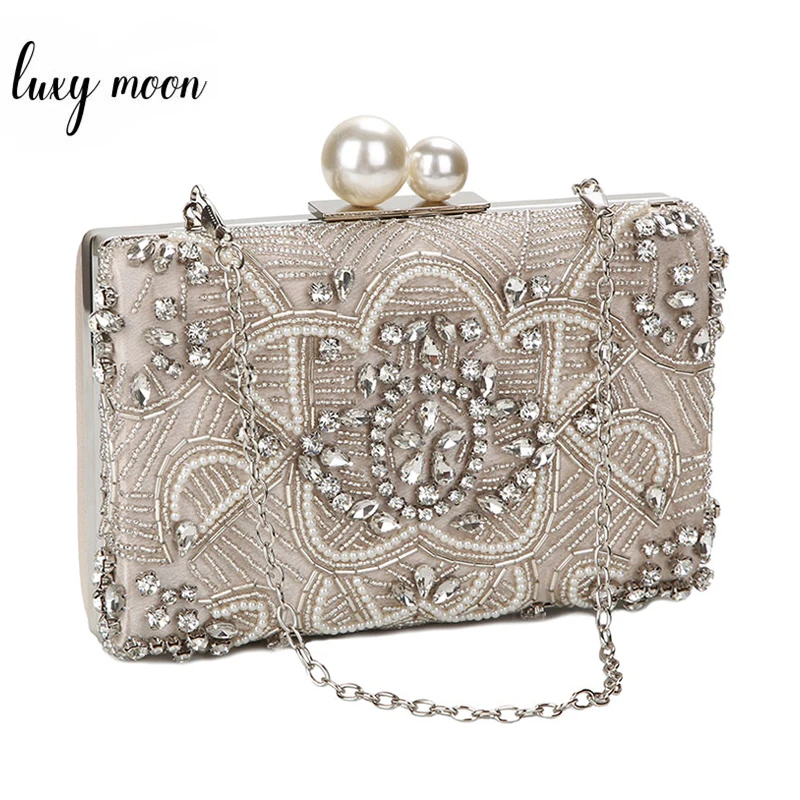 Sacs à main de luxe pour femmes, pochette en cristal d\'argent abricot, sac à main de mariage perlé fait à la main, sacs initiés ZD1361