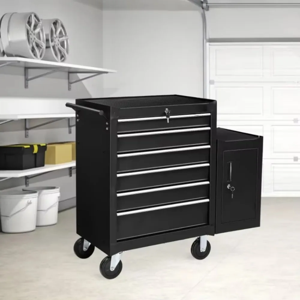 6-Drawer Rolling Tool Chest w/Lock & Key, Tool Storage Side Cabinet with Wheels, Top Cushion & Drawer Liners, Tool Organizer