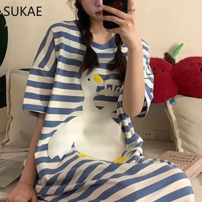 Korean Big White Swan Embroidery Sleepshirt for Women Summer Short Sleeve Long Nightgowns Mid-Calf Gowns Blue Strip Nightdress