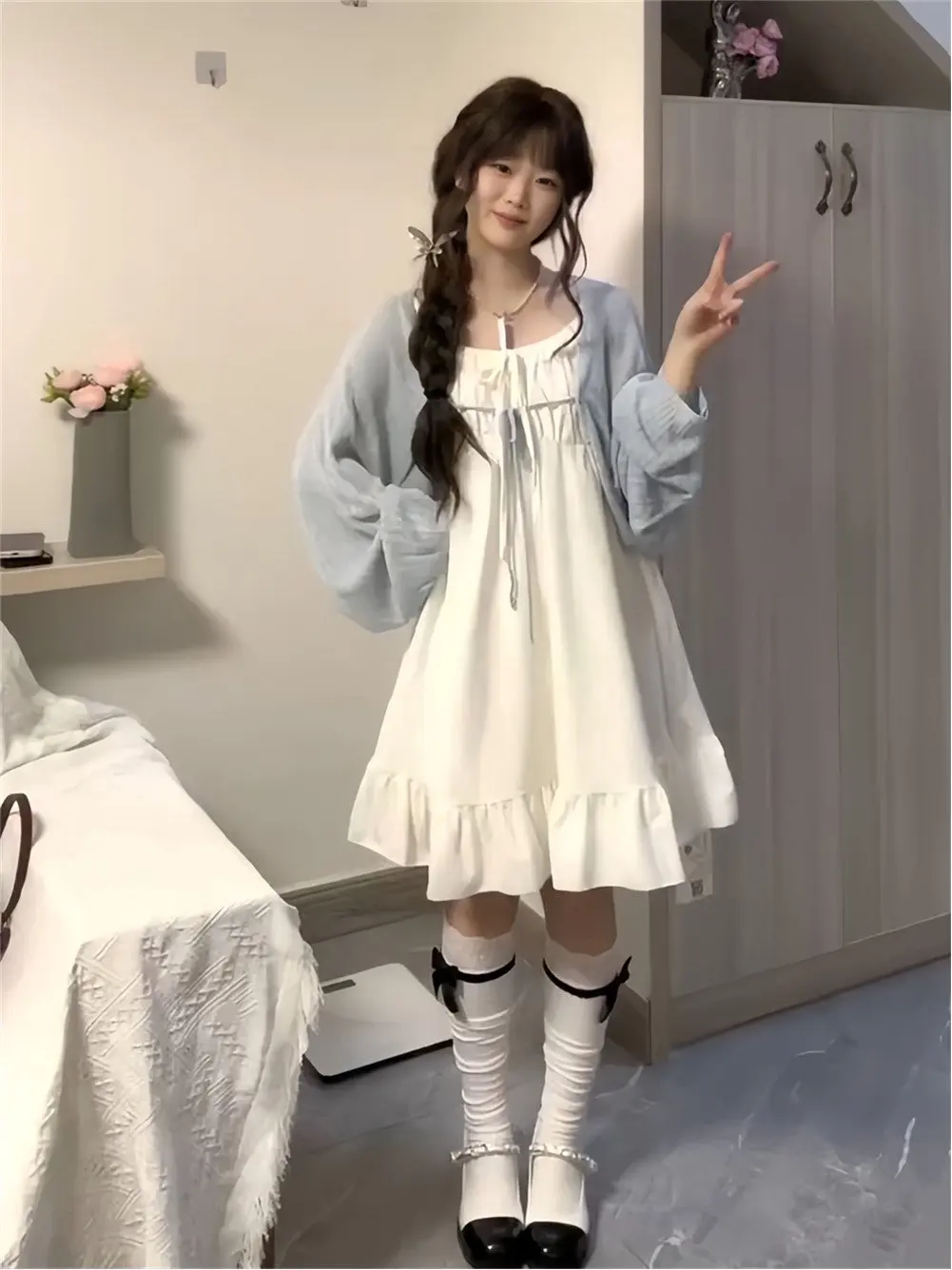 

Sweet Girl's Ruffle Splice White Strap Dress Women's Sun Protection Knitted Cardigan Two-Piece Set Elegant Style High Waist