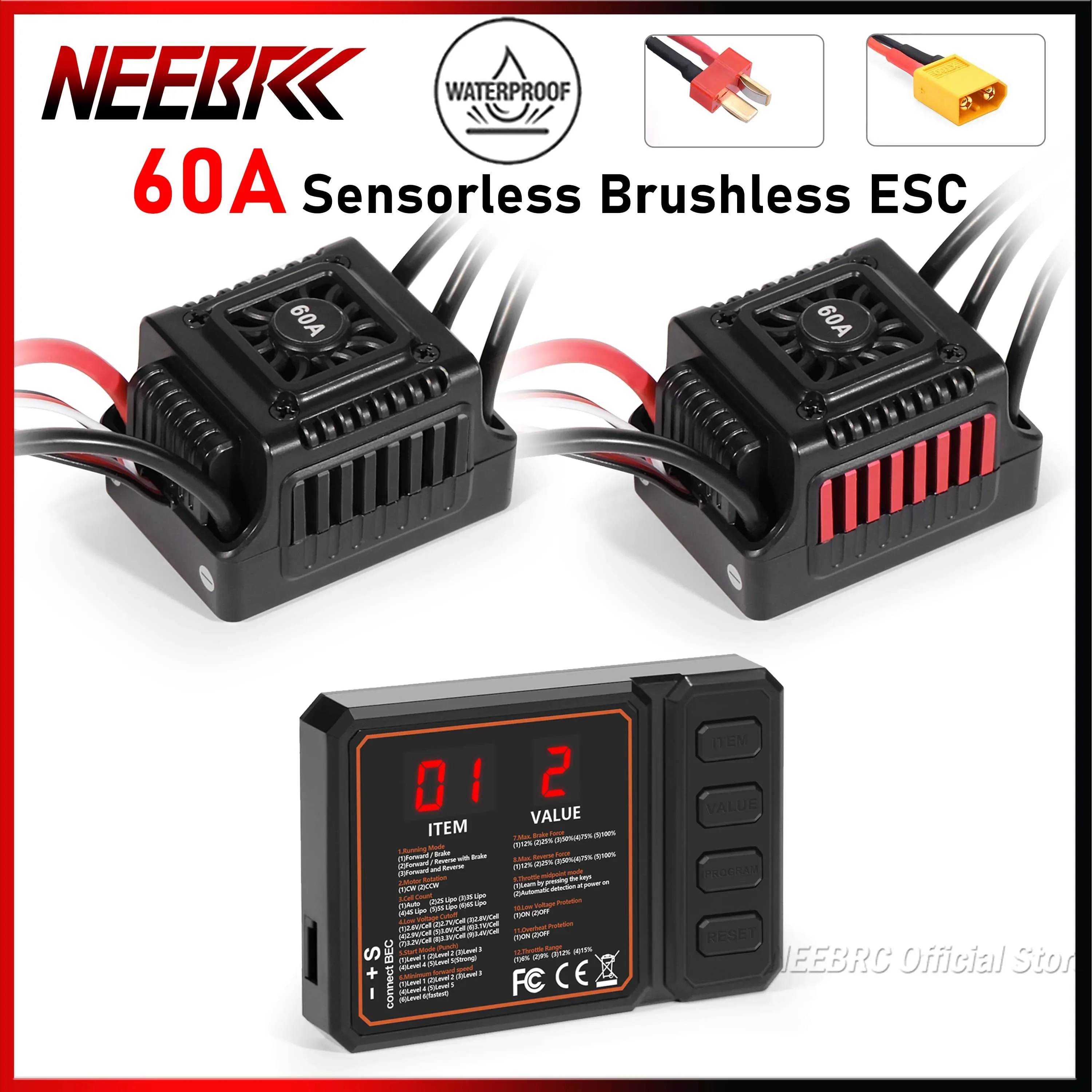 

NEEBRC Waterproof 60A Sensorless Brushless ESC BEC T/XT60 2-3S for 1/10 RC Off-road Car Crawler Monster Buggy Truck On-road Part