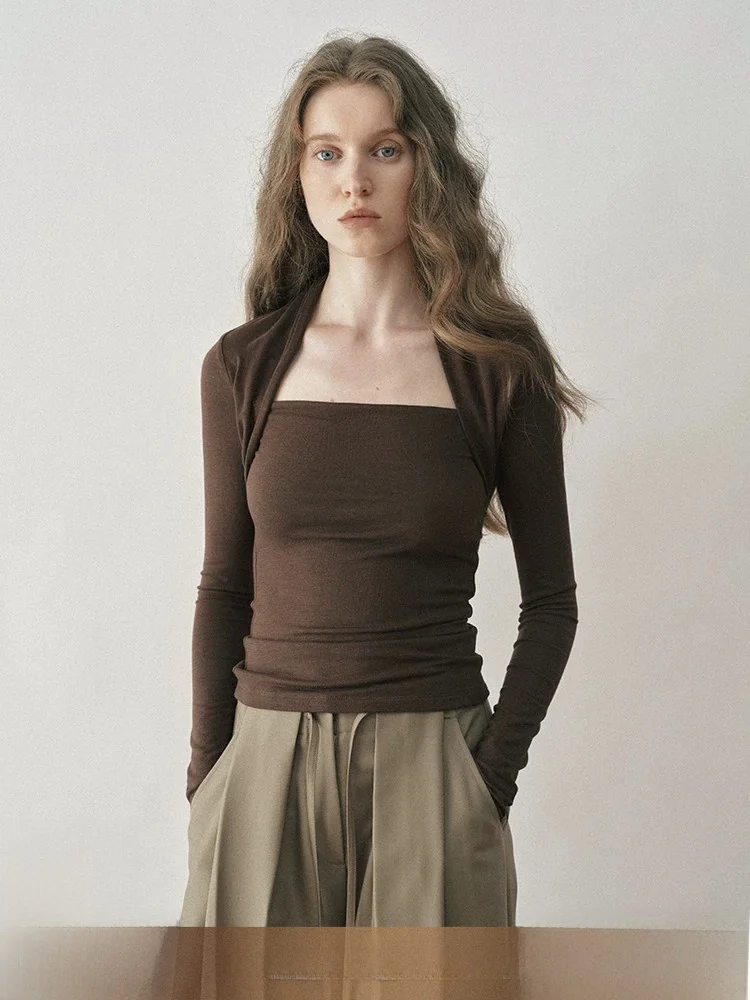 Classic Retro Square Collar Long Sleeve T-Shirt Bone out T-Shirt Slim Pure Color Inner Wear Base Shirt Top for Women