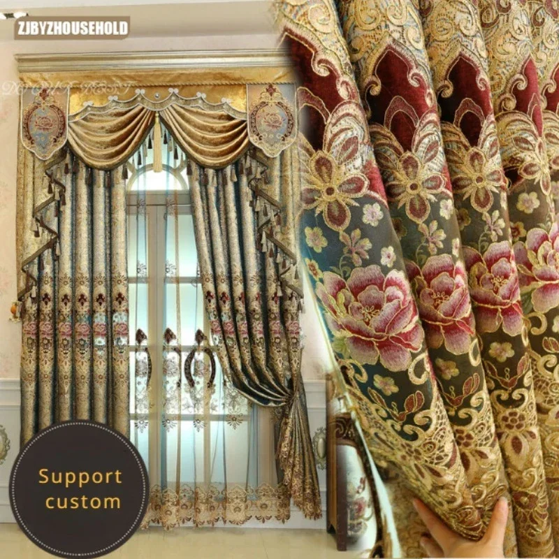 

European Customized Curtains for Living Dining Room Bedroom Luxury Grand Floor Ceiling Gold Embroidered Jacquard Villa Curtain