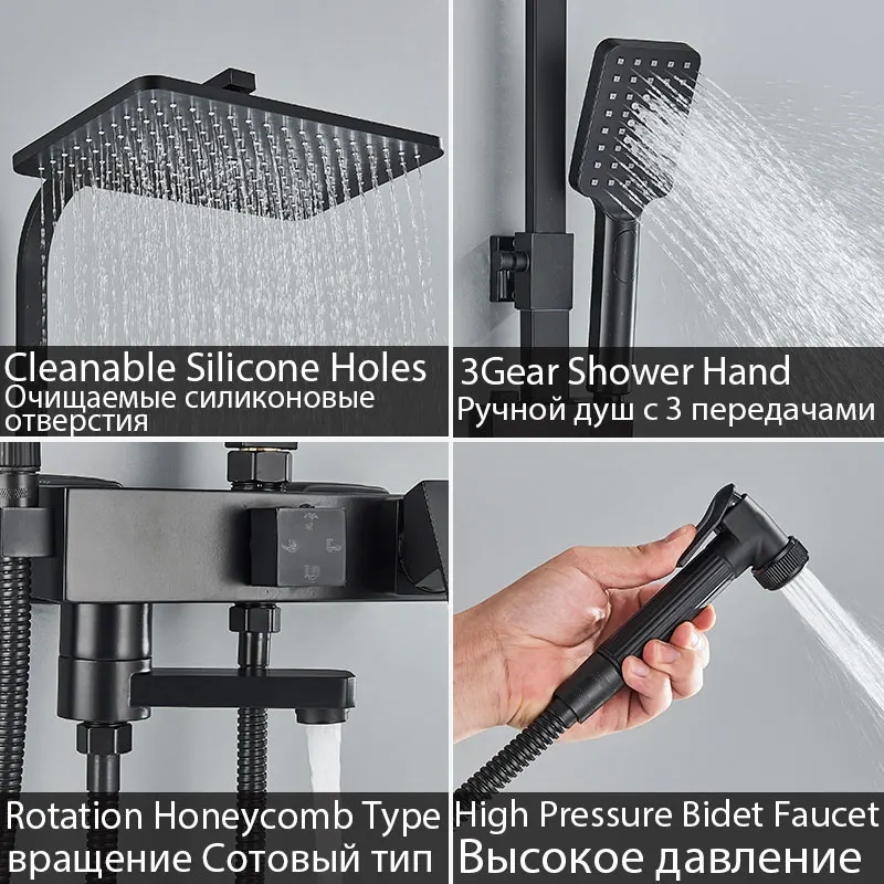 Black Shower Set Faucet 4 Ways Showers Faucet Systems Adjustable Mixers Tap For Bathe Free Rack Rainfall Modern Bathroom Faucets
