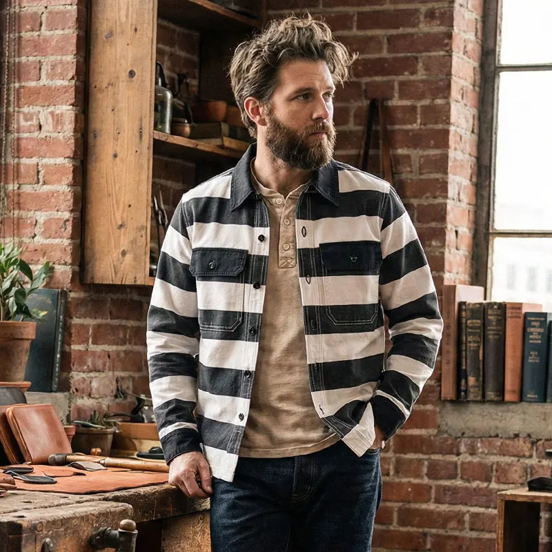 Men's Canva Striped Jacket Amekaji Heavyweight Motocycle Biker Windbreaker Workwear Jacket Male Outerwear Bomber Cargo Coatss