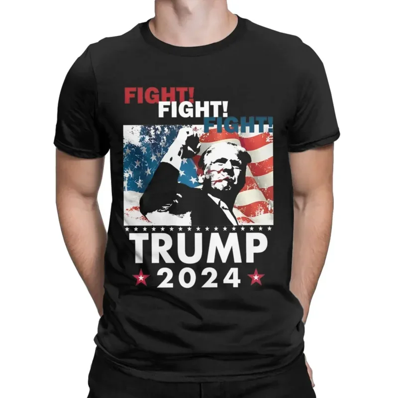 Kampf Kampf Kampf! Trump 2024 Herren-T-Shirts, Assassination Attempt, Neuheits-T-Shirts, kurzärmeliges T-Shirt mit rundem Kragen, Baumwolle, Sommer