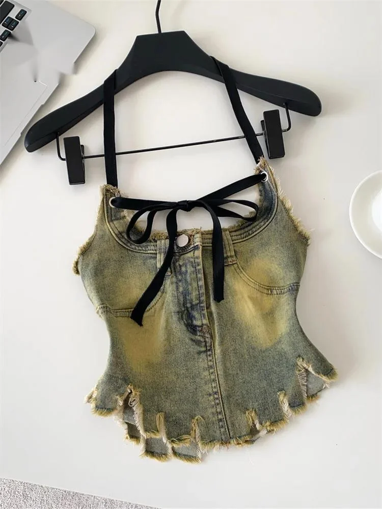 

Сексуальный топ-камизоль Y2K с открытой спиной, кружевной отделкой, асимметричным подолом и завязками, эластичный, с эффектом потертости