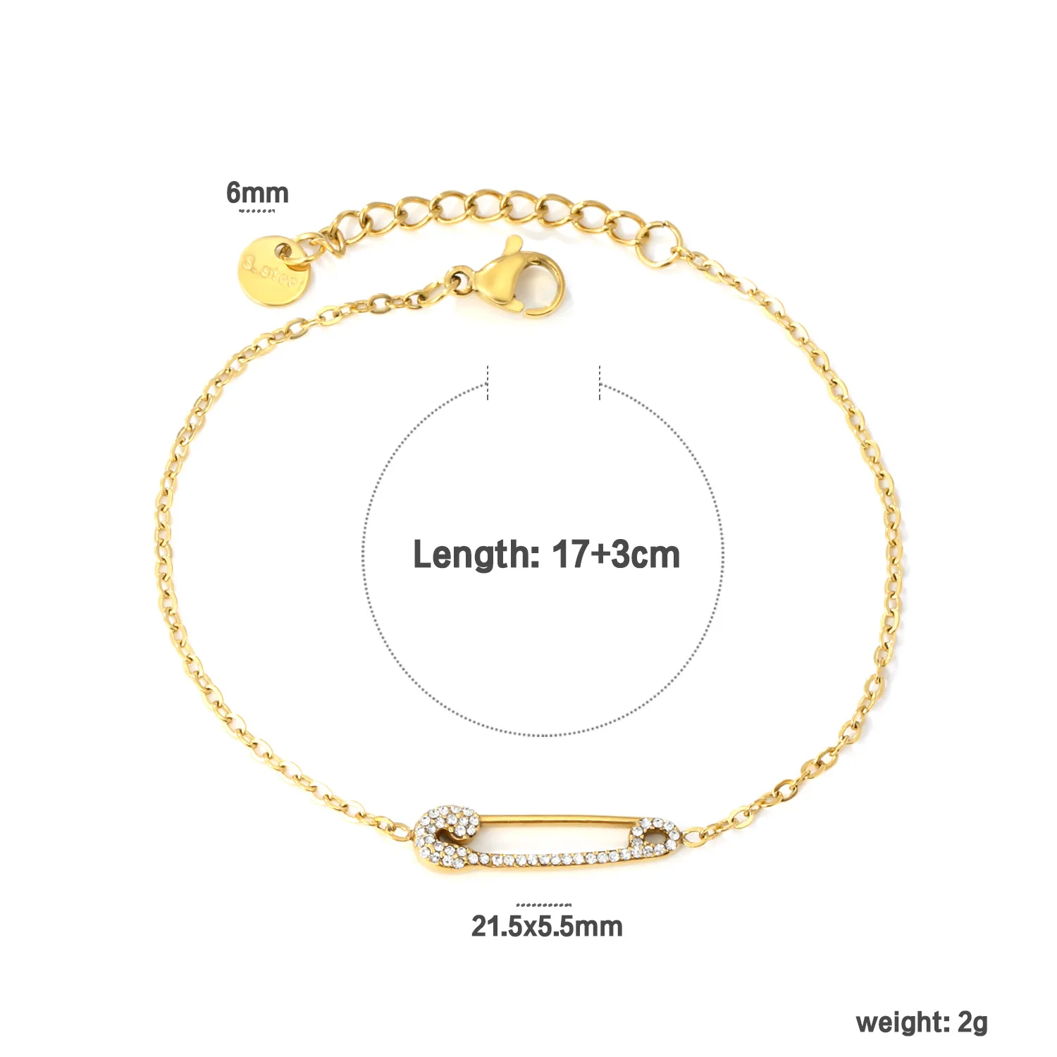 LUXUKISSKIDS Trendy Dainty Zirconia Charm Bracelets Brooch Safety Pin Pendant Geometric Hand Bracelet Woman Simple Daily Jewelry
