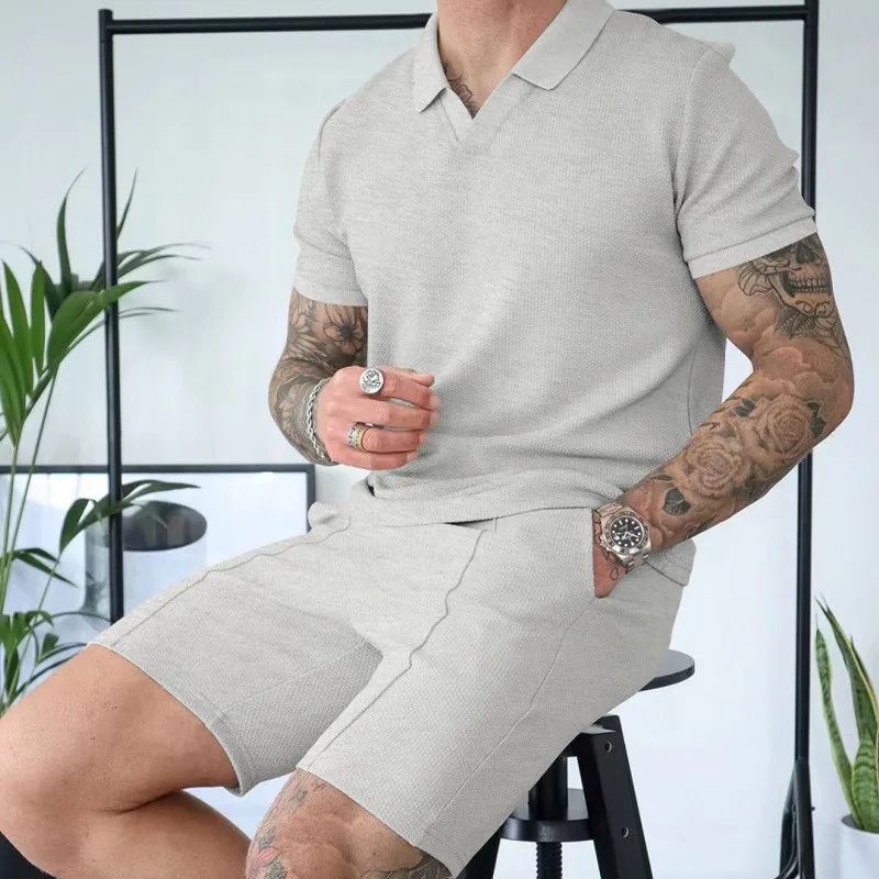 GZMS-Summer New WaffleVCollar Short Sleeve Shorts Two-Piece Set LapelPoloSuit for Men