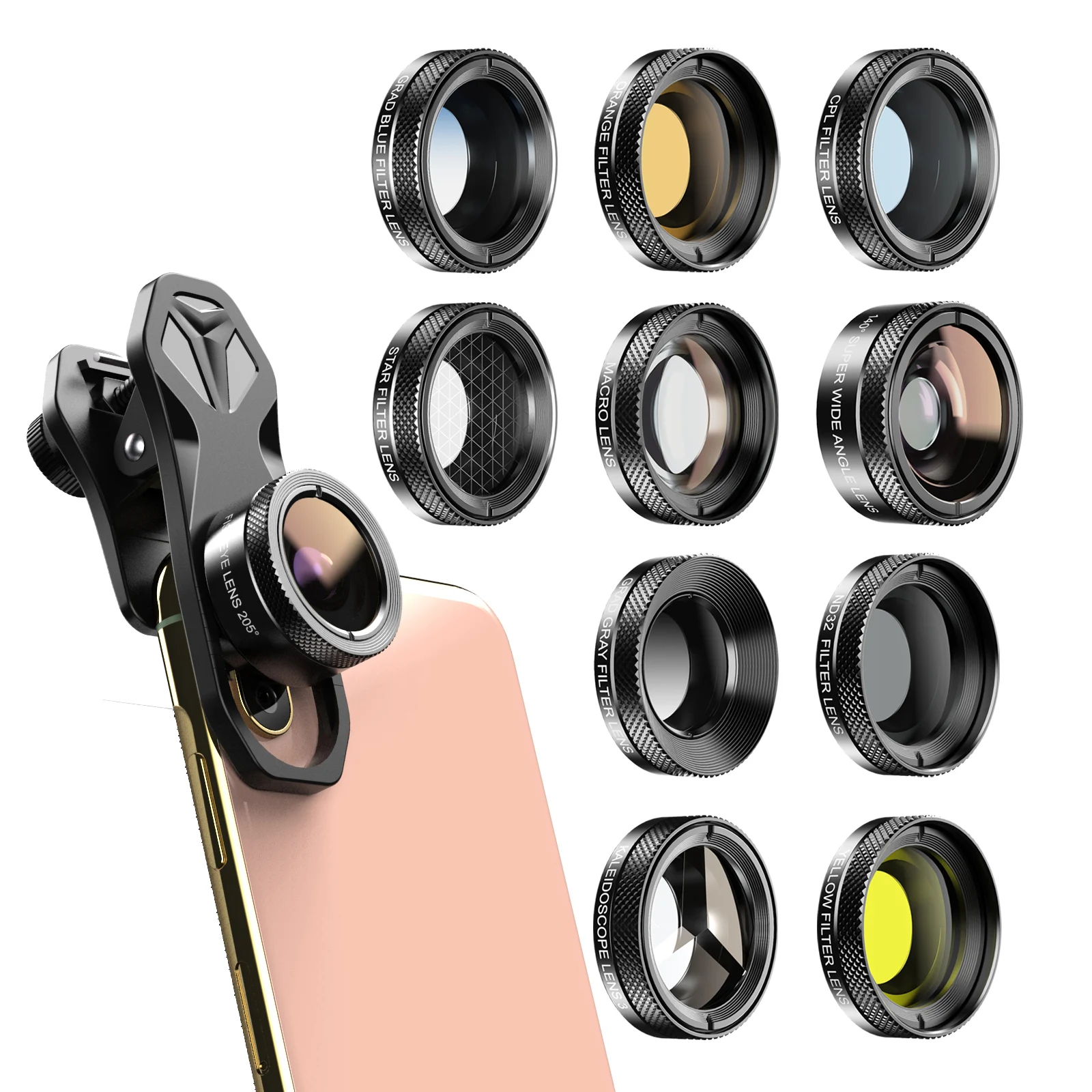 APEXEL 11 in 1 Phone Camera Lens Kit Fisheye Wide Lens Full Colorgrad Filter CPL ND Star Filter for iPhone Xiaomi All Smartphone