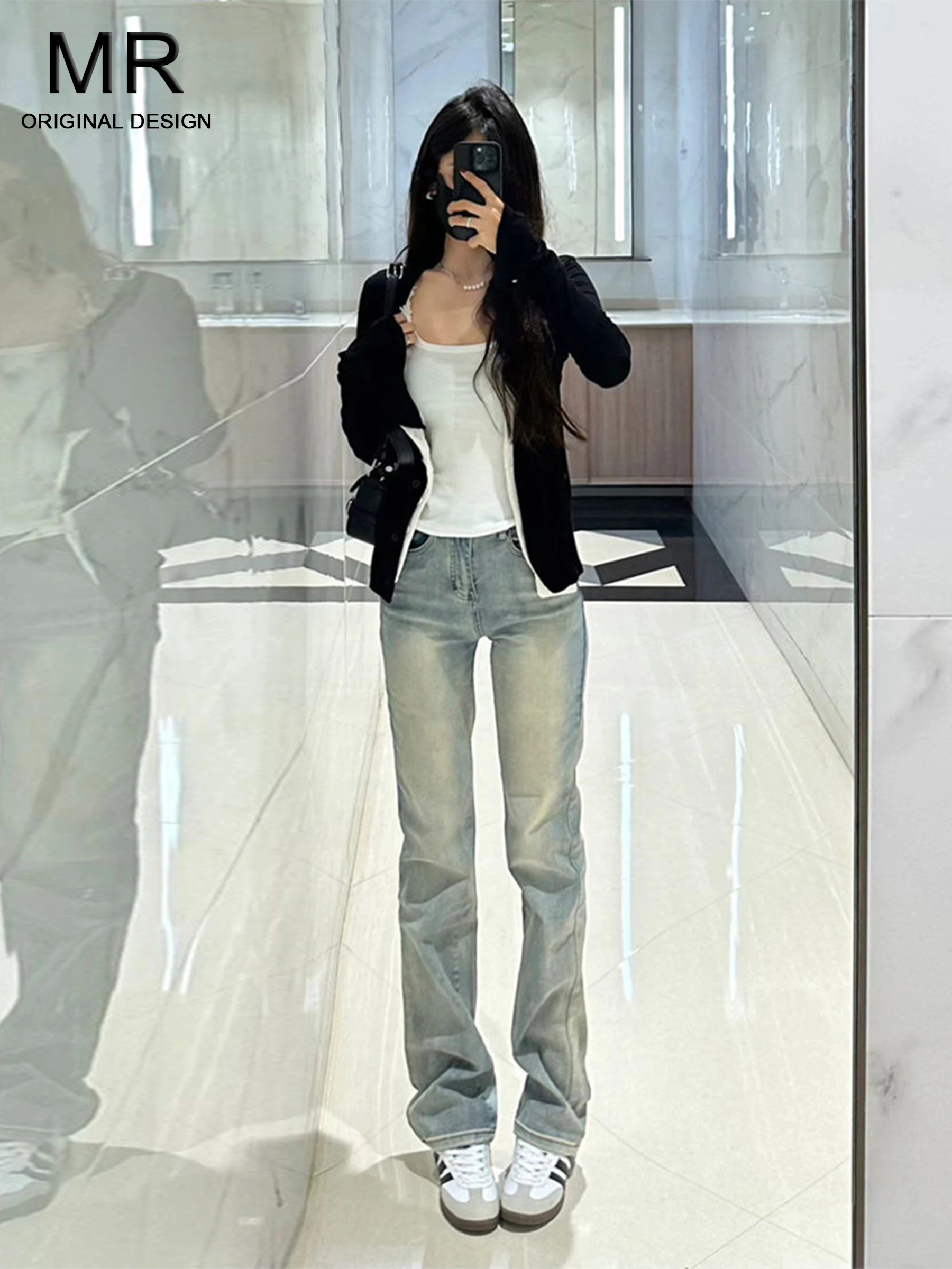 

Джинсы женские с высокой талией, прямые, летние, новый стиль, свободный крой, ретро, с эффектом потертости, синие, высокоэластичные, облегающие, для модниц