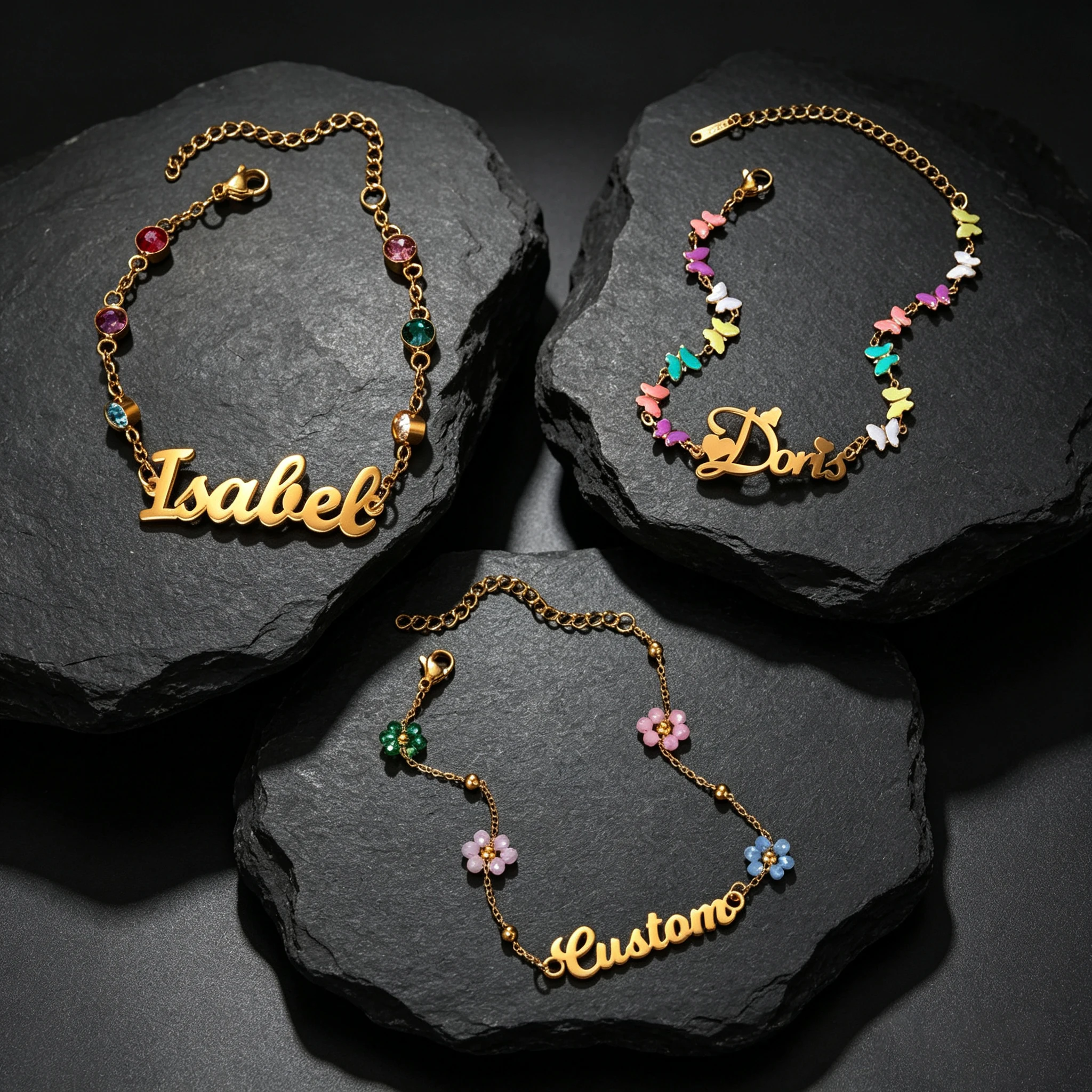 Customized Name Bracelet Colorful Enamel Flower Butterfly Zircon Stainless Steel Chain Bracelets for Women Jewelry Birthday Gift