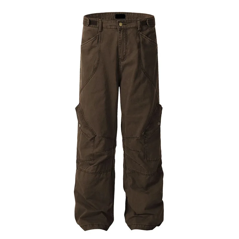 American Retro Workwear Denim Pants Loose Straight Wide Leg Long Trousers Multi Pocket Deconstruction Design Casual Bottoms