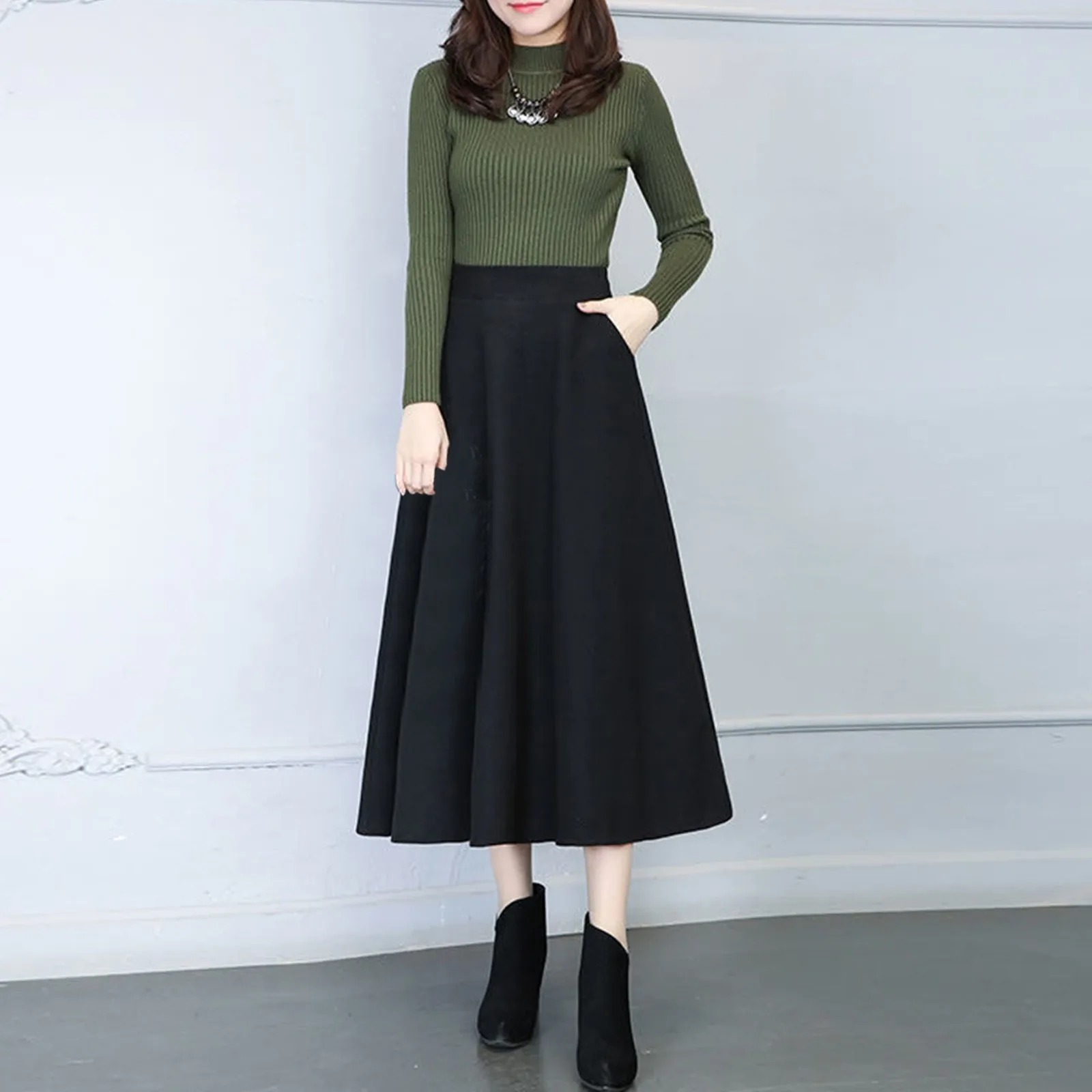 Winter Women Woolen Skirt Solid Color Vintage High Waist A Line Pleated Wool Midi Skirt With Pocket Lady Outdoor Elegant Skirt