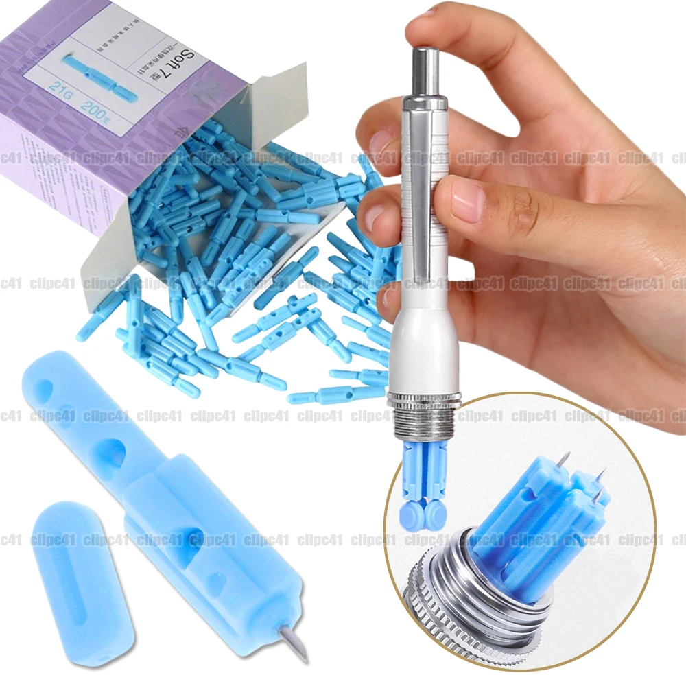 200Pcs Disposable 21G Blood Collection Sterile Bloodletting Pen Three-needle Multi-four Head Bloodletting Needles + Lancet Pen