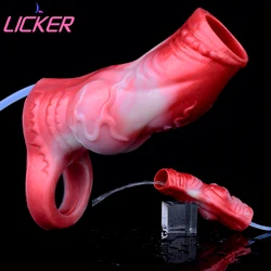 LICKER Squirting Penis Sleeve Huge Knot Spray Water Dildo Cover Silicone Ejaculation Cock Enlargement Sex Toy For Adult Men Game