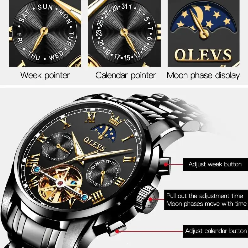 OLEVS Automatic Mechanical Watch for Men Skeleton Flywheel Design Stainless steel Waterproof Moon Phase Top Brand Men Watch 2024