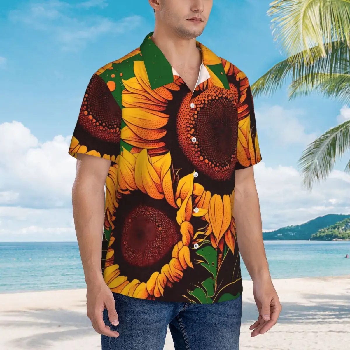 Sunflower Print Beach Shirt Men Yellow Flowers Casual Shirts Hawaiian Short-Sleeve Custom Loose Oversized Blouses Gift Idea