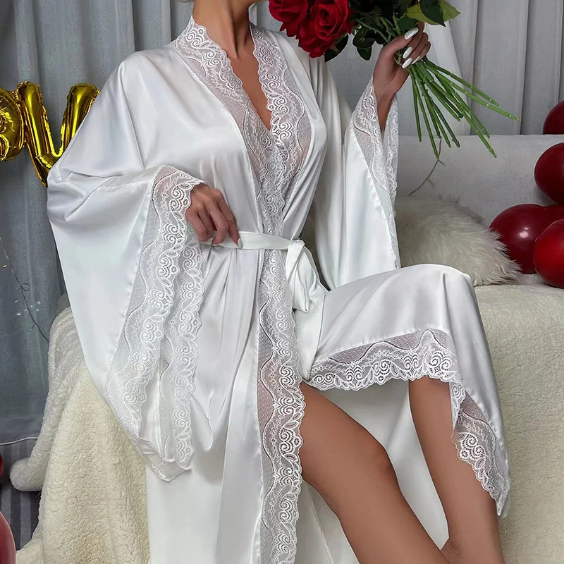 Women Satin Sleepwear Dressing Robe Soft Silk Long Bathrobe Cozy Pajamas White Robe Half Sleeve Lace Bathrobe Sexy Lingerie