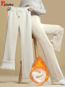 Jesienno-zimowe spodnie z szerokimi nogawkami Damskie spodnie z wysokim stanem i aksamitnymi, luźnymi prostymi spodniami Casual Koreańska moda Grube, ciepłe pantalony