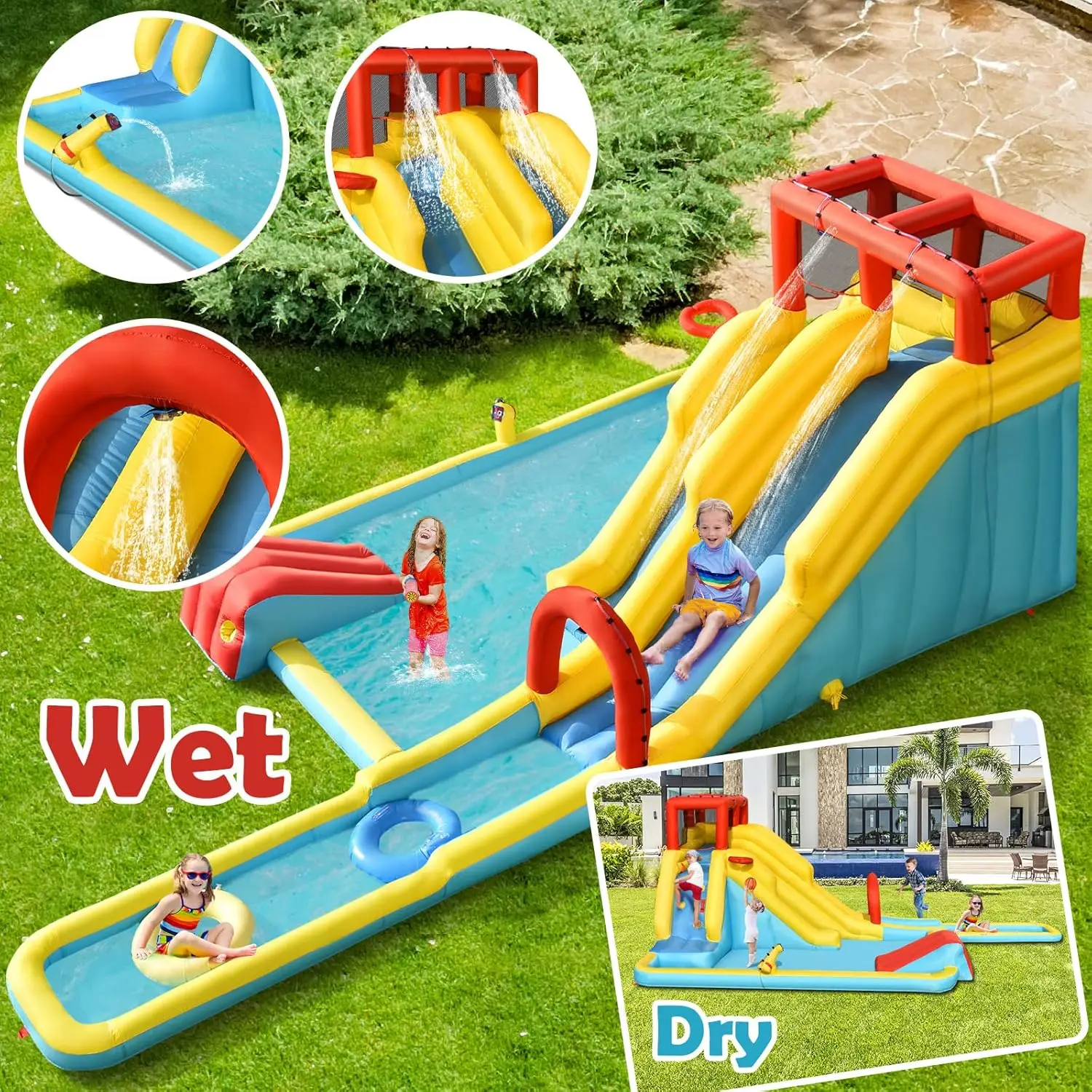 Nadmuchiwana zjeżdżalnia wodna z dmuchawą 950w, podwójna zjeżdżalnia wodna w parku Bounce House z wspinaczką, basen plusk, zjeżdżalnie wodne