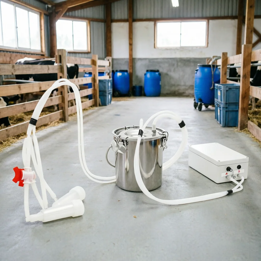 Máquina de ordeño de vacío pulsante con velocidad ajustable, bomba de vacío, cubo de leche de acero inoxidable 304 de grado alimenticio, parada automática
