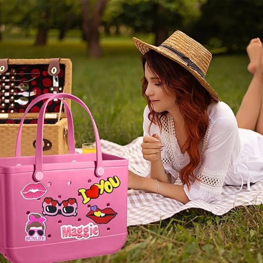6 Pack Beach Bag Accessories Inserts Charms for Rubber Totes Silicone Bo Bag Charm Beach/Mom/Baseball/Pink for Simple Modern B