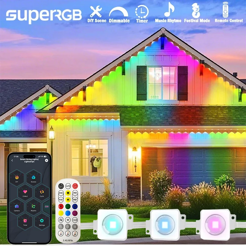 20M Permanent Eaves LED Smart RGB Outdoor Led Lights for House with Remote  Full House Eaves Light Christmas Holiday Decor