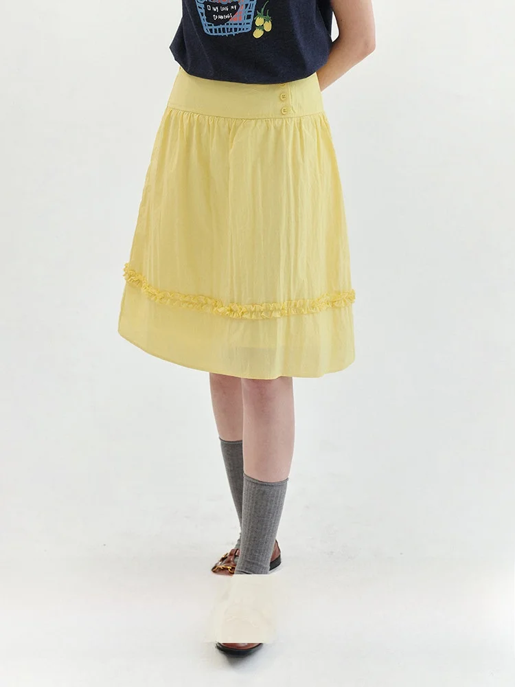 High Waist A-Line Skirt Women's Yellow Gingham Pleated Skirt Summer New Sweet Style Korean Commute Half-length Skirt
