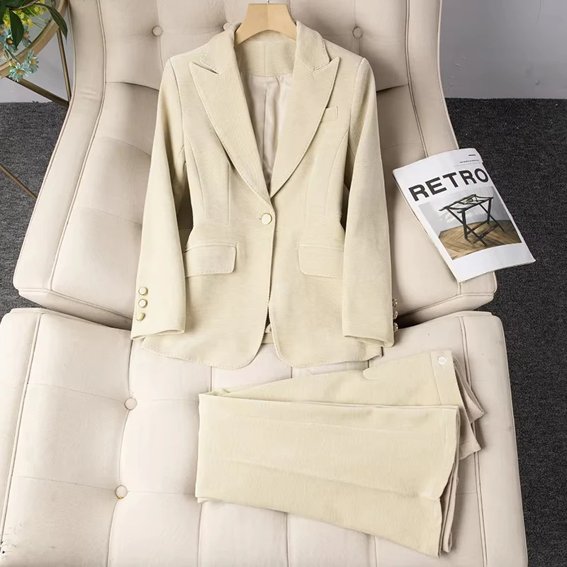 Элегантный осенне-зимний толстый вельветовый комплект из брюк для женщин, комплект из 2 предметов, одинаковые комплекты, винтажный пиджак на одной пуговице, брючные костюмы