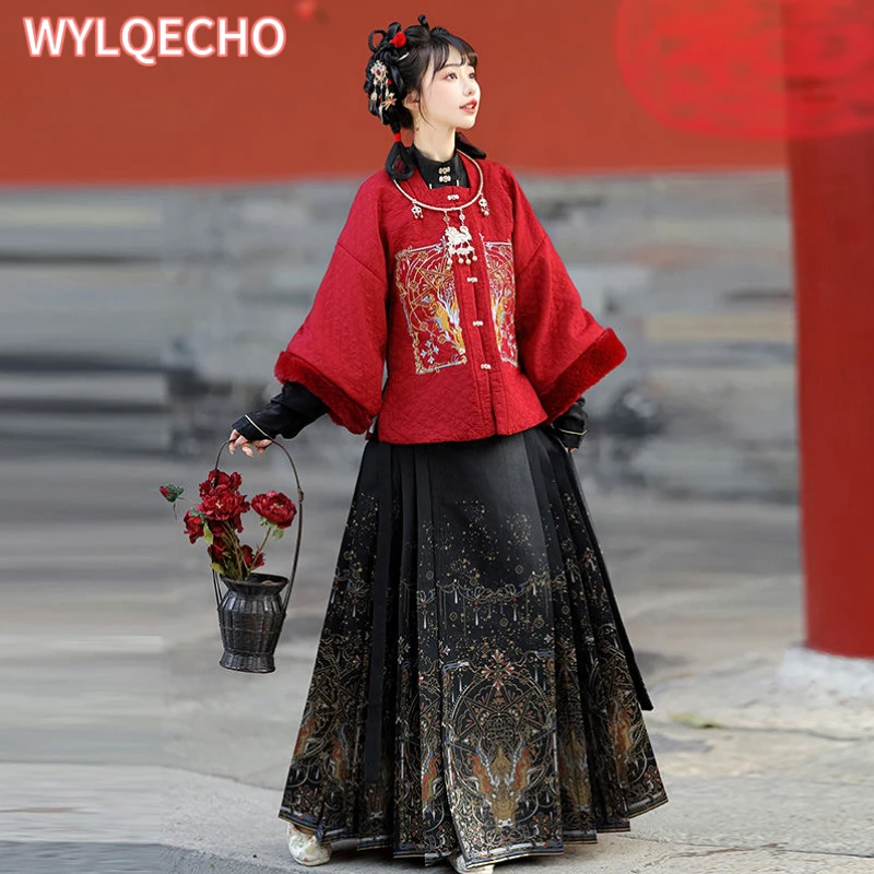 Trajes tradicionais chineses femininos, hanfu, saia bordada com rosto de cavalo, pelúcia e grossa, roupas de ano novo, estilo Ming