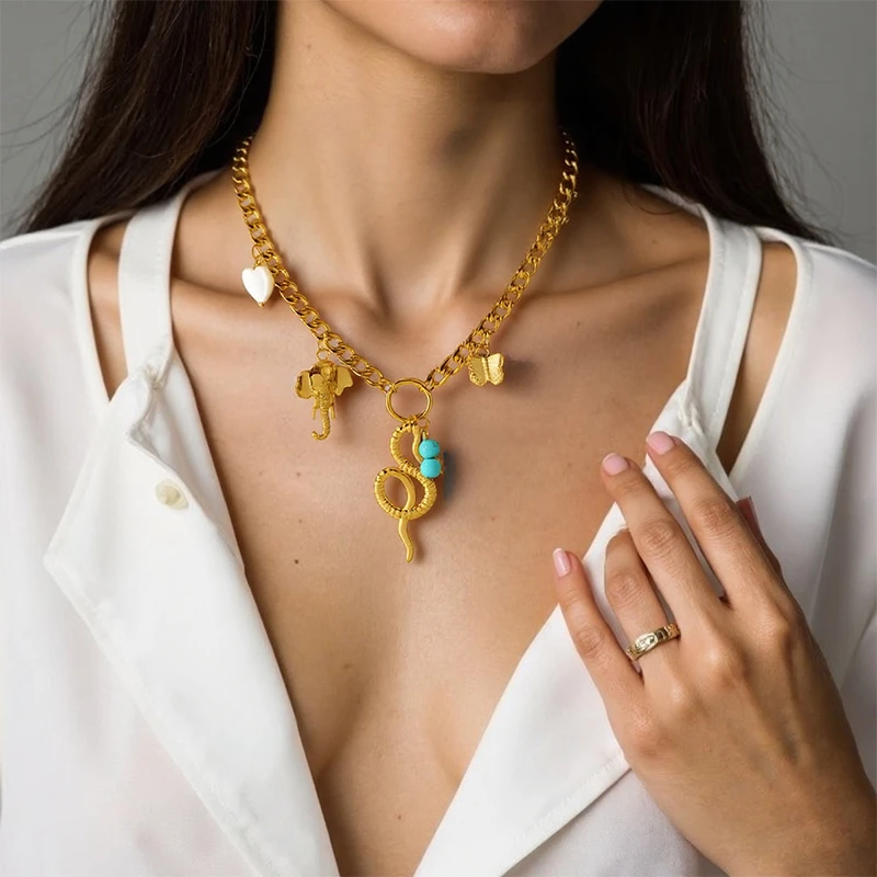 PRISCA | Heart Flower Fringe Necklace Women Stainless Steel Ocean Wind Charm Jewelry Gold New Design Wholesale