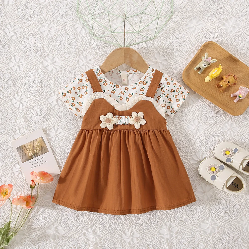 Summer Girls Dress and Baby Girl Fake Two Small Flower Printed Short Sleeves Two Three Dimensional Flower Strap Dress