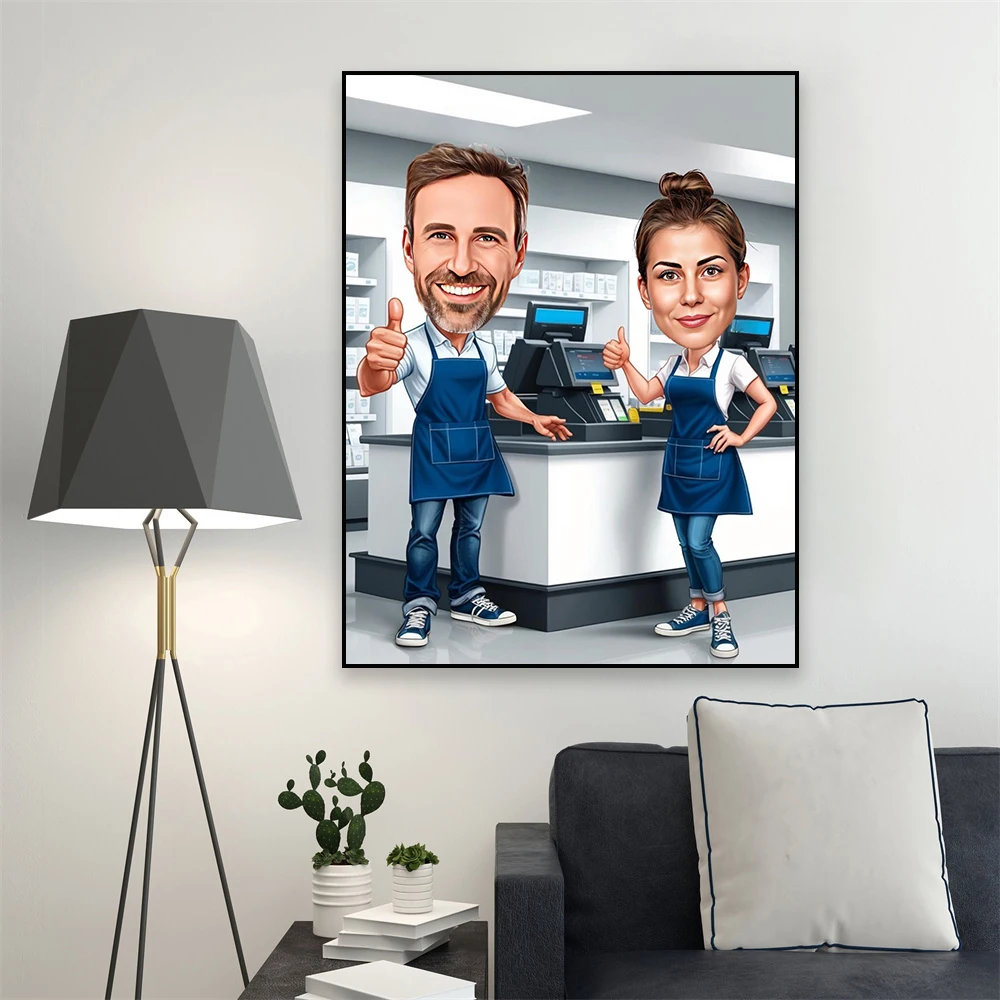 Funny Doctor Couple Cartoon Portrait Poster Custom Doctor Caricature Cartoon Portrait Prints Personalized Canvas Painting Decor