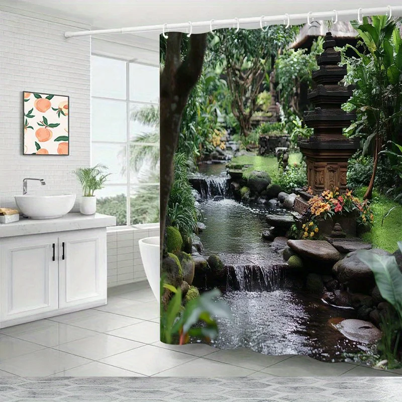 Luxury Tropical Waterfall Jungle Print Shower Curtain Waterproof Liner for Spa Bathroom Decor Boho Nature Design