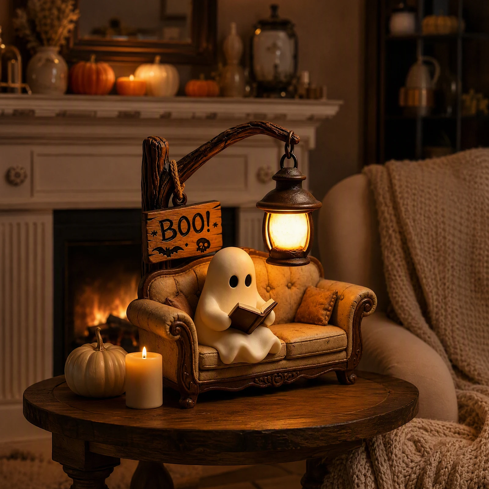 Resin Ghost Book Lamp Halloween Glowing LED Night Light Indoor Shelf Mantle Bookshelf Decor