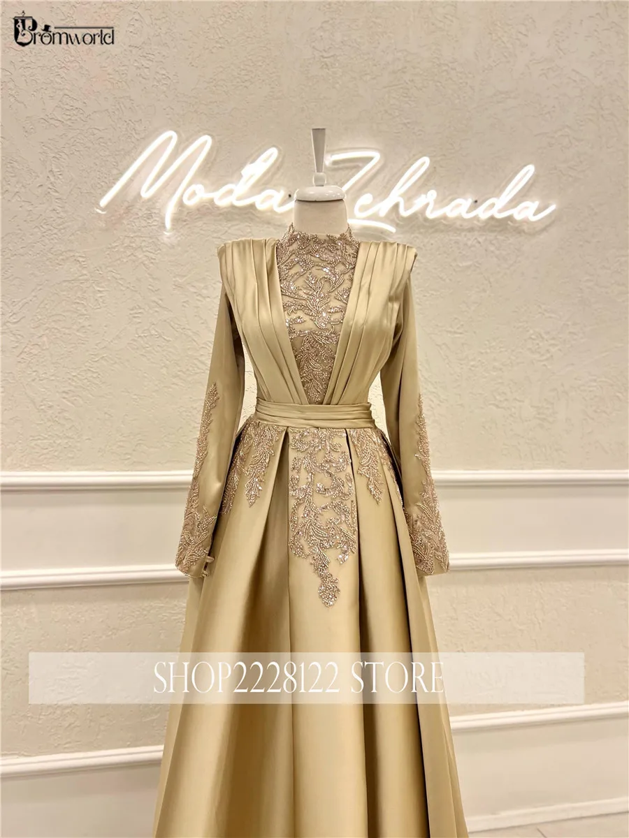 High Neck A-line Gold Formal Dress 2024 Lace Beaded Satin Dubai Arabic Evening Gowns with Full Sleeves Robes De Soirée