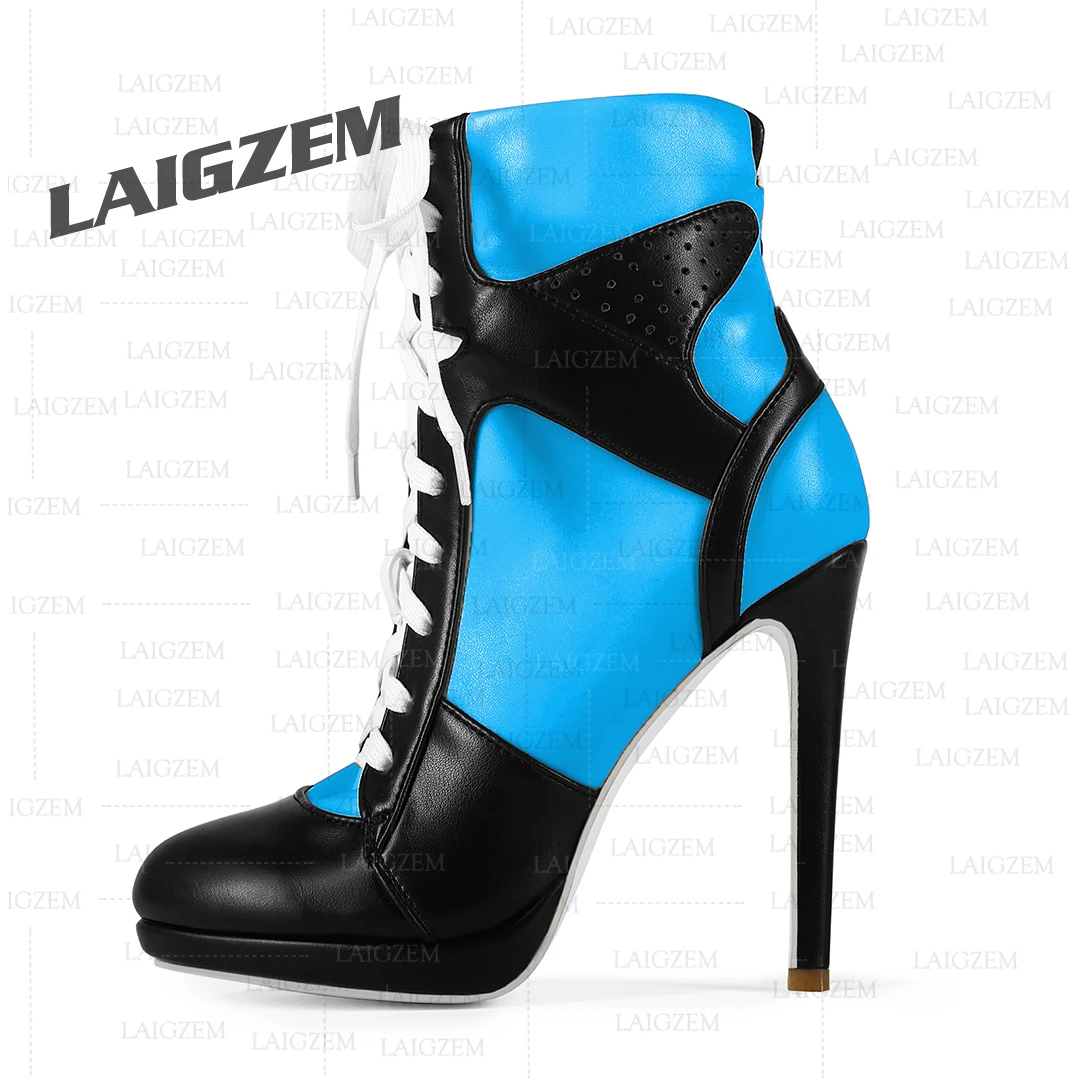 

LAIGZEM Женские ботильоны в стиле пэчворк, короткие ботинки на тонком высоком каблуке, женская обувь ручной работы на шнуровке, большой размер 38, 41 45, 52