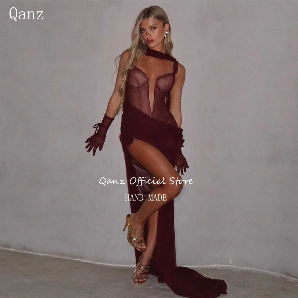 

Qanz Deep Burgundy Evening Dresses High Slit Mermaid Party Dresses Spaghetti Straps Birthday Dress Woman Sexy Women Customized