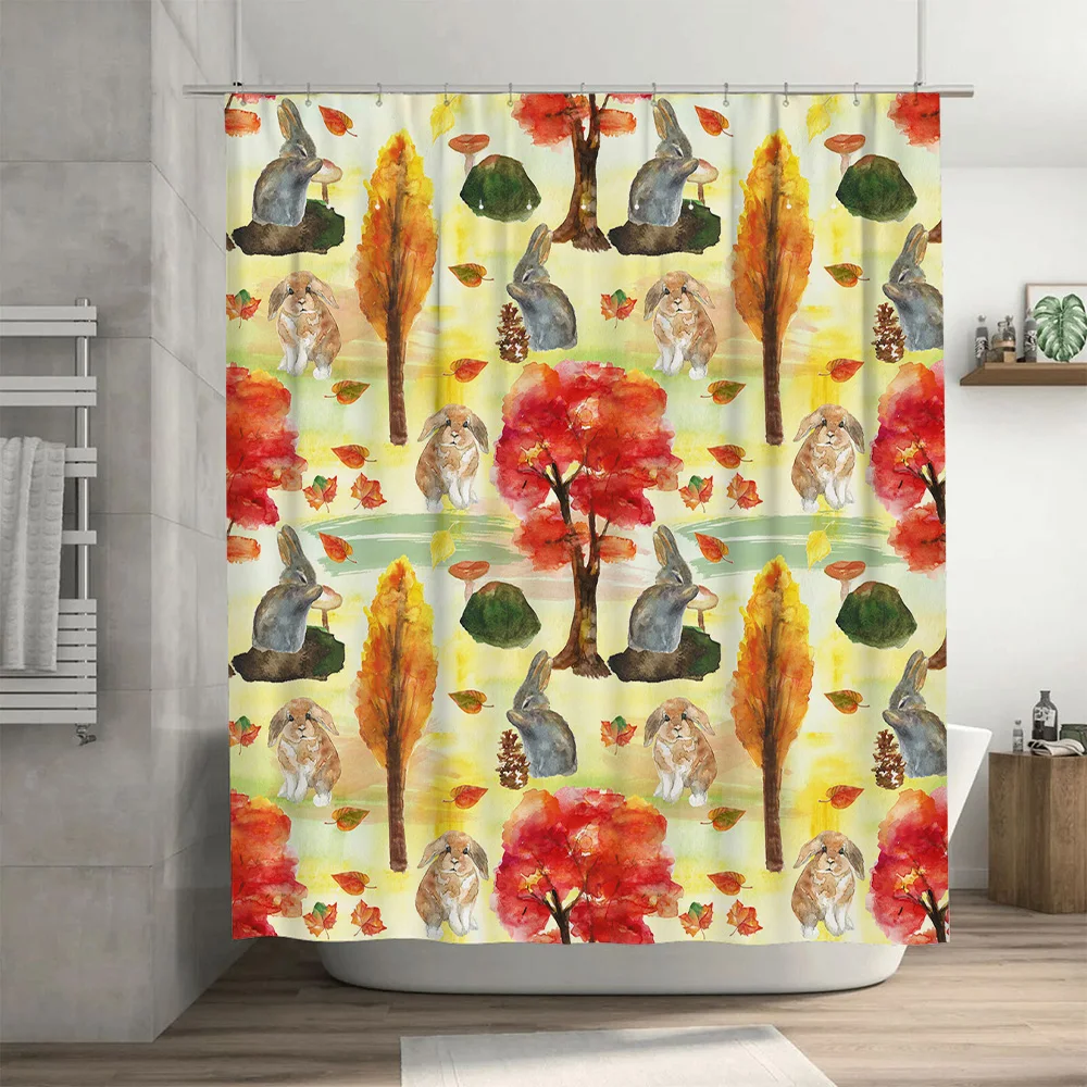 Vivid Fall Forest Animal Print Shower Curtain Rabbit, Maple Leaf Mushroom Design for Bathroom Decor