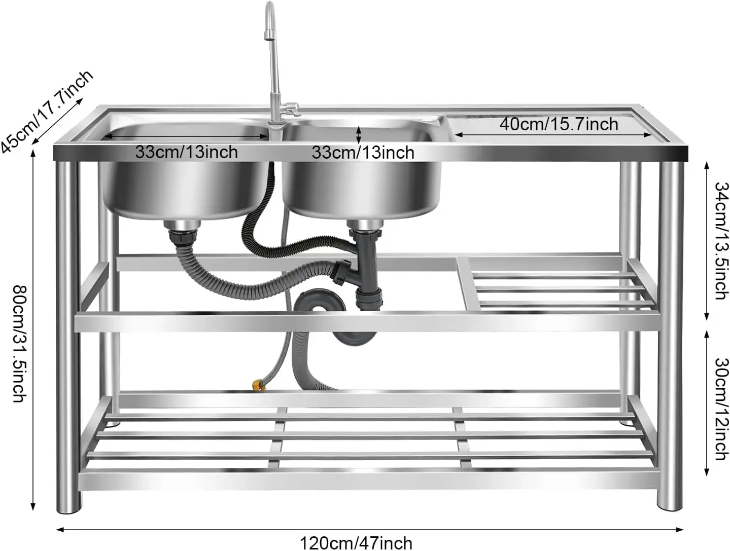 3 Tiers Freestanding Stainless Steel Sink, Double Bowl Commercial Restaurant Kitchen Sink Set Indoor Outdoor Kitchen Sink and Ca view 2