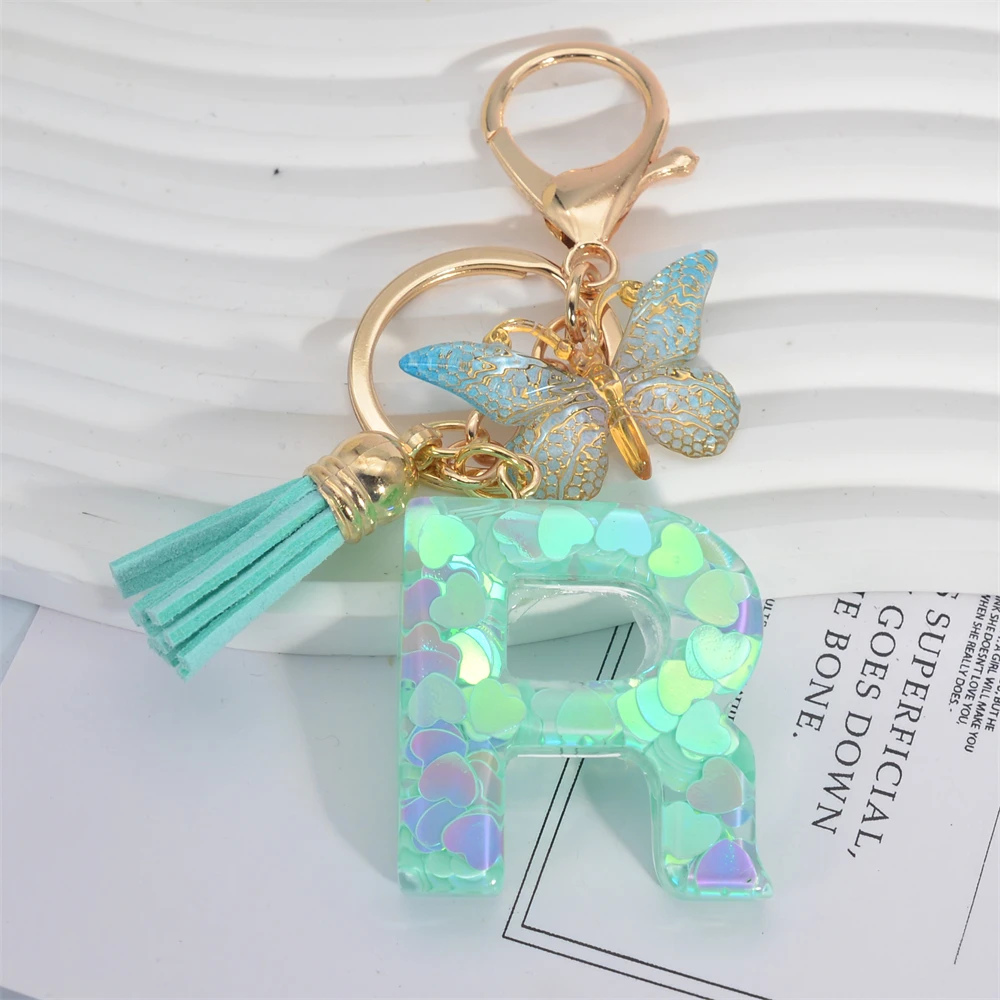 Fashion Green Tassel Butterfly 26Letter Keychain Heart-shaped Sequin Filled Resin Alphabet Keyring for Women Car Handbag Pendant