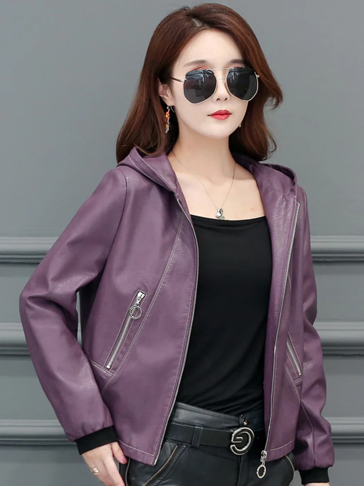 New Women Hooded Leather Jacket Spring Autumn Casual Fashion Long Sleeve Loose Split Leather Outerwear Short Sheepskin Tops Coat