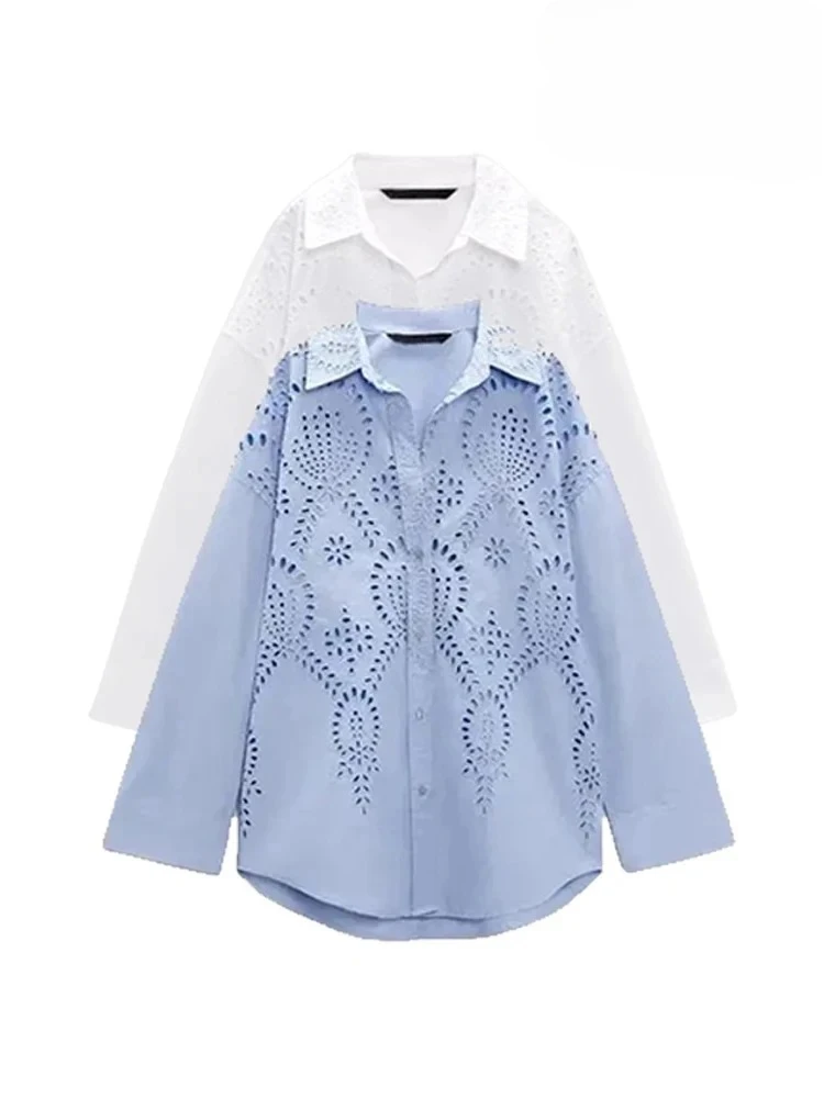 

Summer New Women Temperament Hollow Embroidery Lapel Tops Hundred Single-breasted Long Sleeve Shirt Female Casual Tops