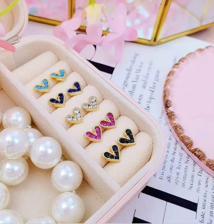 

5 Pairs, Gold Plated Stud Earrings Women's Cute Mini Heart Colorful Zircon Ear Bone Earlobe Piercing Fashion Jewerly Accessorie