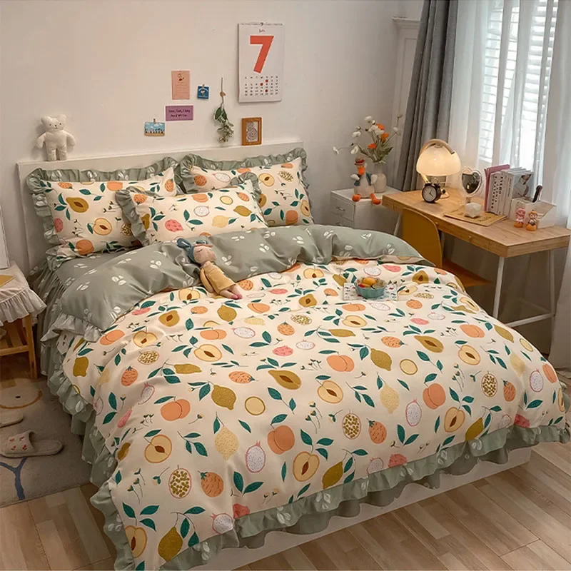 Four Seasons Skin-Friendly Printing Bedding Set Soft Sanding Bed Skirt Kit with Quilt Cover Korean Lace Bedclothes for Double
