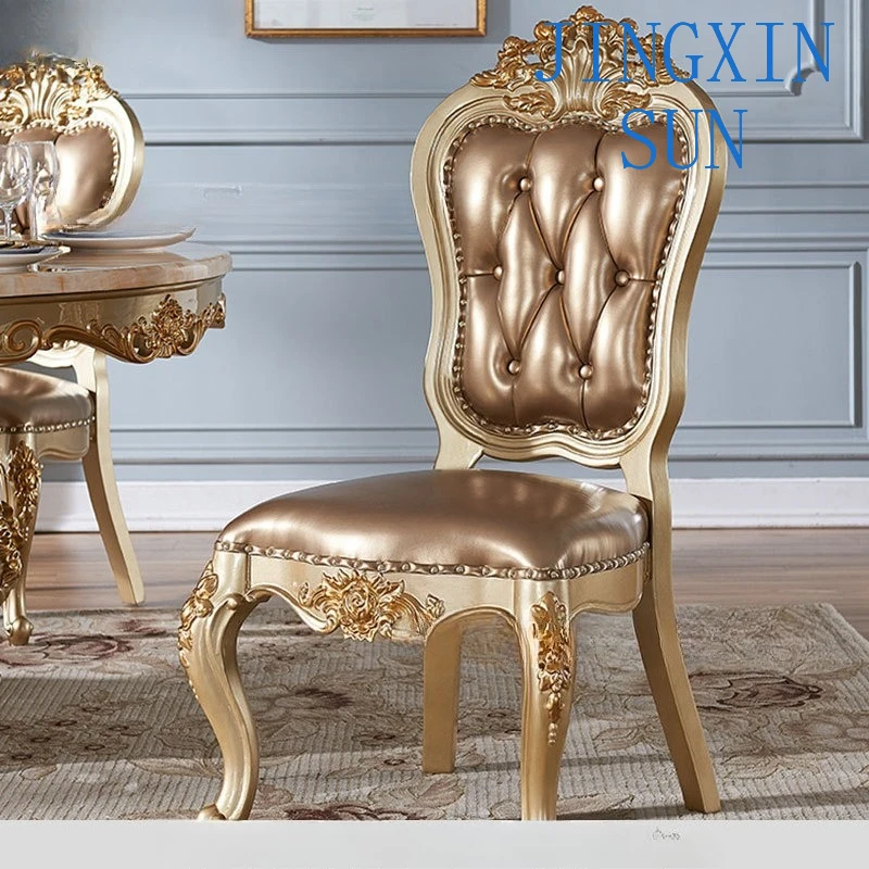 European solid wood dining chair high backrest leather all solid wood armrests household high-end luxury chair gold factory engr