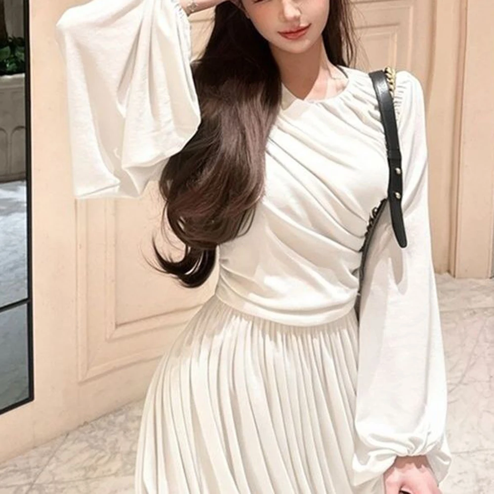 

Early spring French high-end pleated design lantern sleeves slim slim temperament long-sleeved dress women