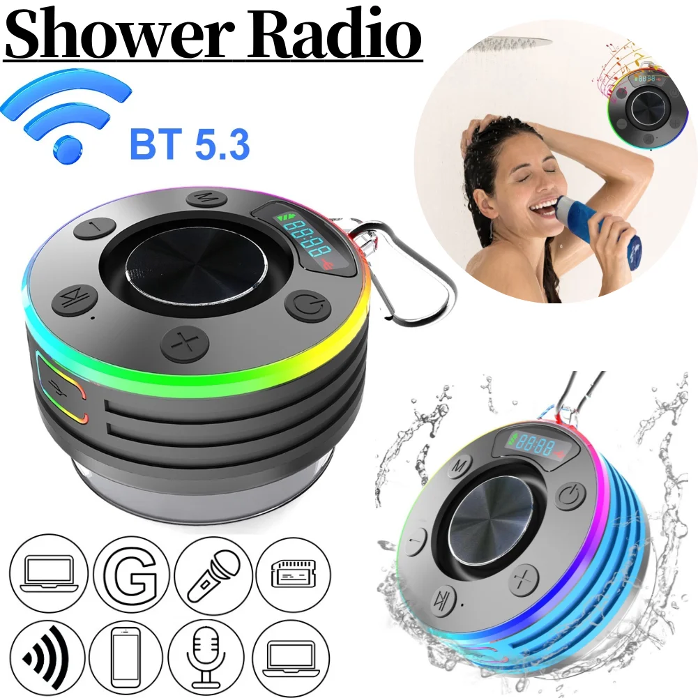 Bluetooth-Compatible 5.3 Shower Speaker IPX7 Waterproof Shower Radio FM Radio Stereo Subwoofer for Kayak Beach Pool Accessories